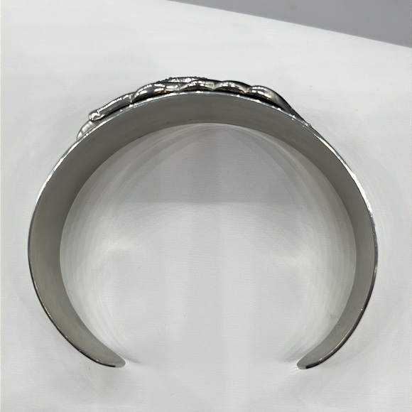 Vintage Large stainless steel rhinestone peacock feather cuff bracelet - Picture 3 of 13